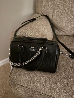 Coach Black Pebbled Leather Rowan with Chain Accent. Silver Hardware.